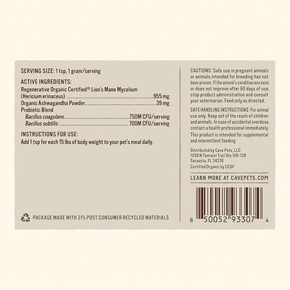 Super Blend Powder, Mushroom Mycelium and Dog Probiotic Supplement for Brain and Digestive Health Support, Lion’s Mane & Probiotics, 90 Servings