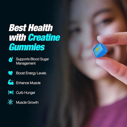 Creatine Monohydrate Gummies - 5g Creapure Creatine per Serving - Vegan, Blue Raspberry Flavor - Boost Muscle Strength, Endurance, Recovery & Mental Focus - 90 Gummies, Gluten-Free
