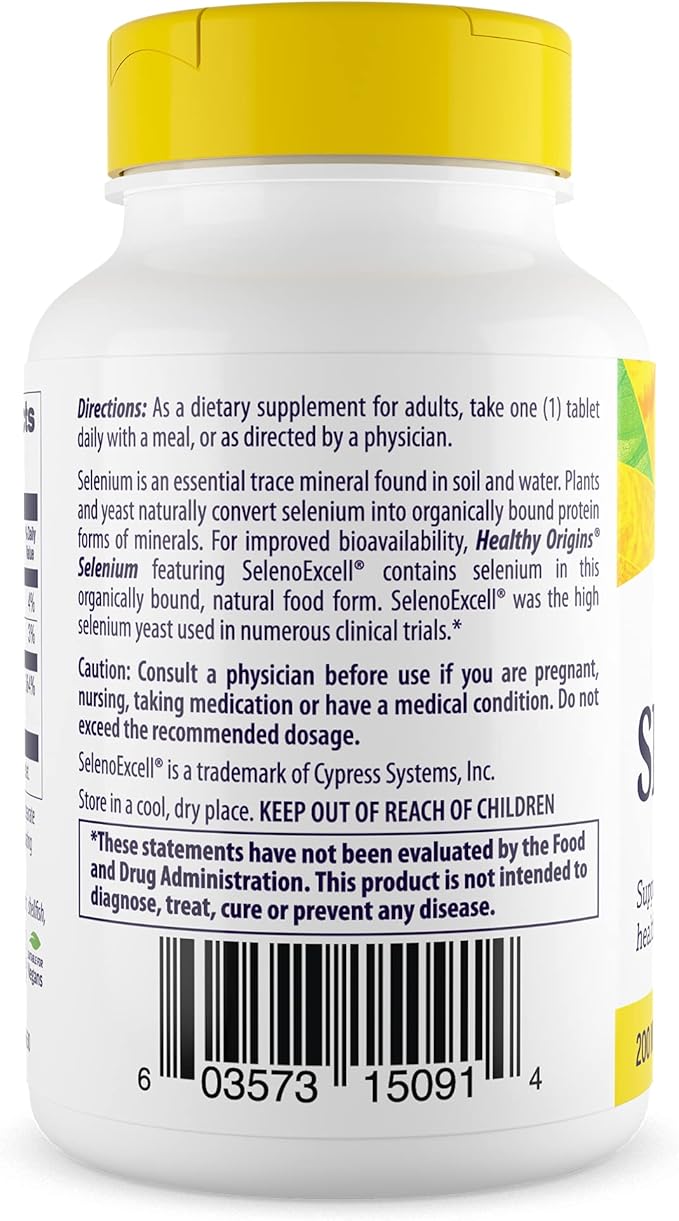 Healthy Origins Selenium 200 mcg (Seleno Excell, Fermented, Non-GMO, Gluten Free, Bladder Support, Immune Function, Cellular Support), 180 Tablets