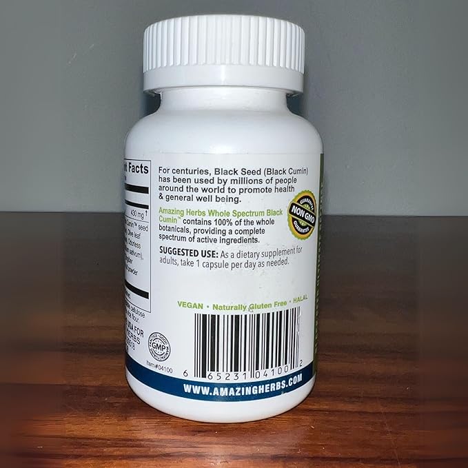 Amazing Herbs Whole Spectrum Black Seed Ultimate, Vegetarian Capsules - Olive Leaf & Garlic Extracts Plus Ginger & Cayenne, Gluten Free, Non GMO, Vegan - 100 Count