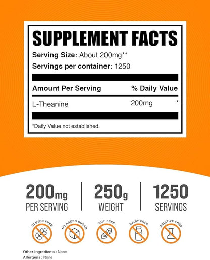 BulkSupplements.com L-Theanine Powder - L-Theanine Supplement, L-Theanine 200mg - Amino Amino Supplement, Pure & Gluten Free, 200mg per Serving, 250g (8.8 oz) (Pack of 1)