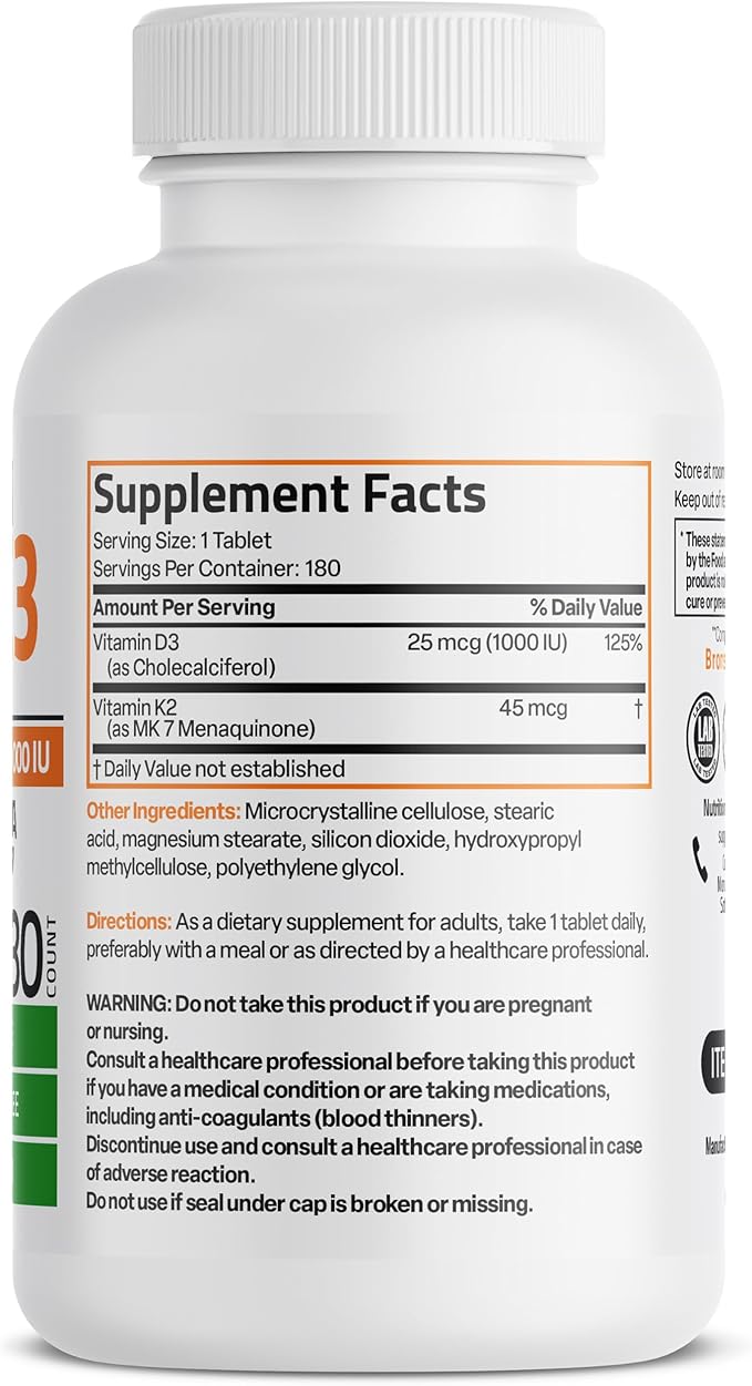 Bronson Vitamin K2 (MK7) with D3 Lower Dose 45mcg Vitamin K2 & 1000 IU Vitamin D3 Easy to Swallow Daily Maintenance 2 in 1 Formula Non-GMO, 180 Mini Tablets