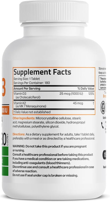 Bronson Vitamin K2 (MK7) with D3 Lower Dose 45mcg Vitamin K2 & 1000 IU Vitamin D3 Easy to Swallow Daily Maintenance 2 in 1 Formula Non-GMO, 180 Mini Tablets