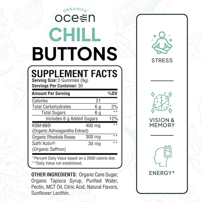 Chill Buttons - Organic Ashwagandha Reduces Tension, Enhances Memory and Vision, and Brightens Mood - Contains Ashwagandha KSM-66, Rhodiola Rosea, and Organic Saffron