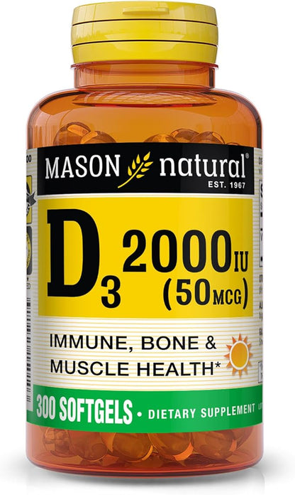 MASON NATURAL Vitamin D3 2,000 IU Ultra Strength, Supports Bone Density, Strength & Immune Health, 300 Softgels