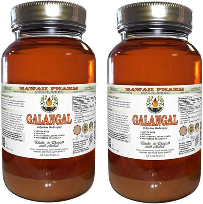 Galangal Root Alcohol-Free Liquid Extract, Organic Organic Galangal (Alpinia Galangal) Dried Root Glycerite Hawaii Pharm Natural Herbal Supplement 2x32 oz Unfiltered