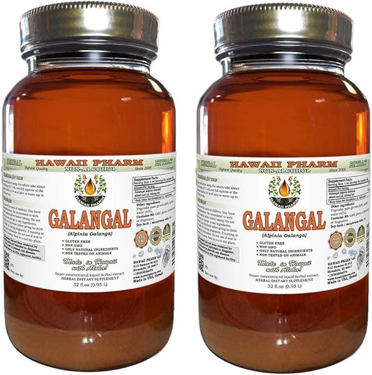 Galangal Root Alcohol-Free Liquid Extract, Organic Organic Galangal (Alpinia Galangal) Dried Root Glycerite Hawaii Pharm Natural Herbal Supplement 2x32 oz Unfiltered