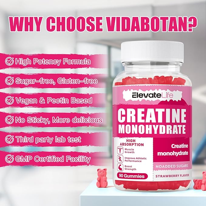 Creatine Monohydrate Gummies 5000mg for Men & Women, Chewables Creatine Monohydrate for Muscle Strength, Muscle Builder, Energy Boost, Pre-Workout Supplement(90 Count)-Strawberries