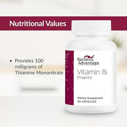 Bariatric Advantage Vitamin B1 thiamin - 100 mg Thiamin Mononitrate - Easy Digest - Designed for Bariatric Patients - Supports Energy Production* - Bariatric Supplement - 90 Count