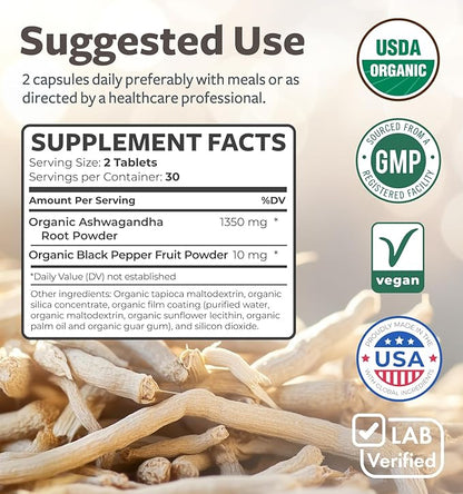 USDA Organic Ashwagandha (60 Vegetarian Tablets) 1350mg Ashwaganda Root Powder Per Serve with Black Pepper - Natural Adrenal Support, Cortisol & Thyroid Support, Immune Support (No Pills or Capsules)