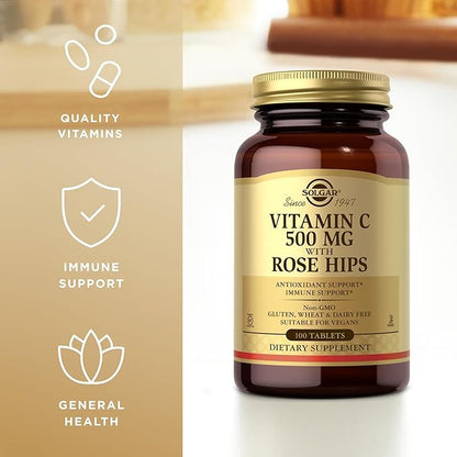 Solgar Vitamin C 500 mg with Rose Hips - 100 Tablets - Antioxidant & Immune Support - Non-GMO, Vegan, Gluten Free, Dairy Free, Kosher - 100 Servings