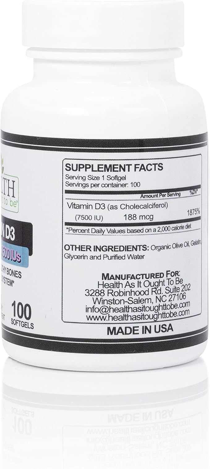 Health As It Ought To Be Vitamin D|3 7500 IUs Supplement | Physician Formulated Supports Healthy Bones & Immune System | 100 Softgels