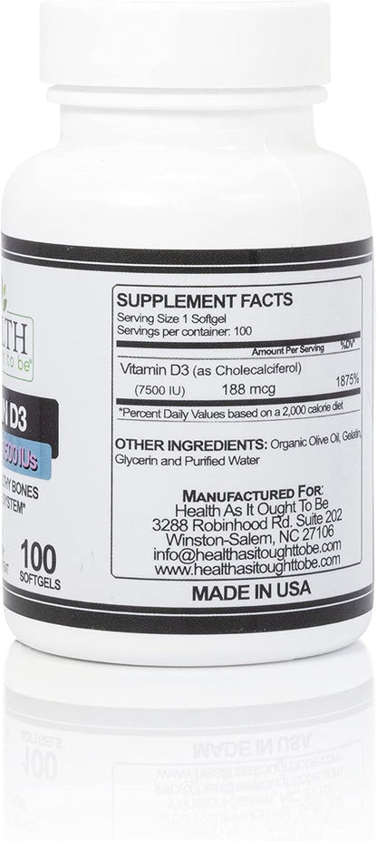 Health As It Ought To Be Vitamin D|3 7500 IUs Supplement | Physician Formulated Supports Healthy Bones & Immune System | 100 Softgels
