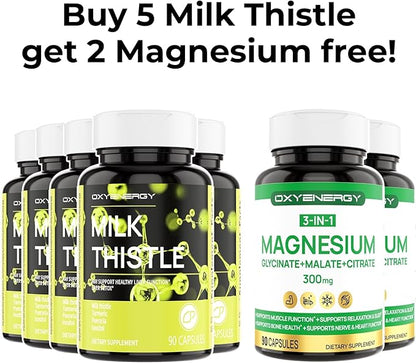 OxyEnergy Silymarin Milk Thistle 300mg Extract with Vitamin C, Inositol & Pueraria, Liver Detox & Repair Support, Antioxidant Support,90 Capsules, Pack of 5