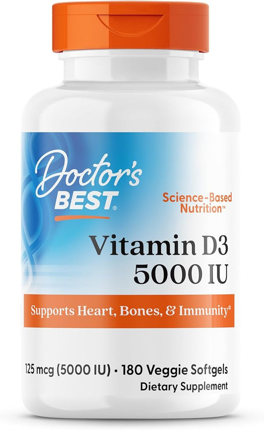 Doctor's Best Vitamin D3 5000 IU, Supports Heart, Bones, & Immunity, Non-GMO, Gluten Free, Soy Free, Vegetarian 180 Veggie Softgels