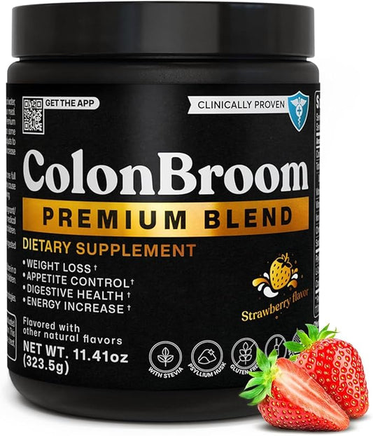 ColonBroom Premium Powder Supplement (Strawberry) - Colon Broom Psyllium Husk Fiber Powder Drink - Gluten Free, Non-GMO Colon Cleanse for Bloating Relief & Gut Health, 50 Servings