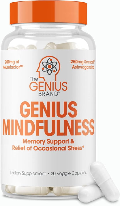 The Genius Brand - Genius Mindfulness Natural Calming Supplement with Ashwagandha, NeuroFactor, & Blueberry Extract, Nootropic Cognitive Brain Booster Enhances Memory, Focus & Energy - 30 Capsules