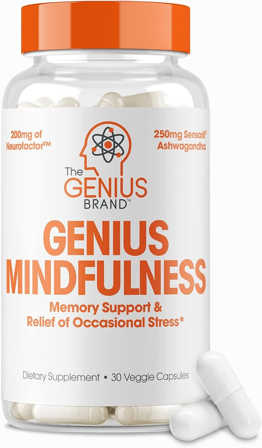 The Genius Brand - Genius Mindfulness Natural Calming Supplement with Ashwagandha, NeuroFactor, & Blueberry Extract, Nootropic Cognitive Brain Booster Enhances Memory, Focus & Energy - 30 Capsules