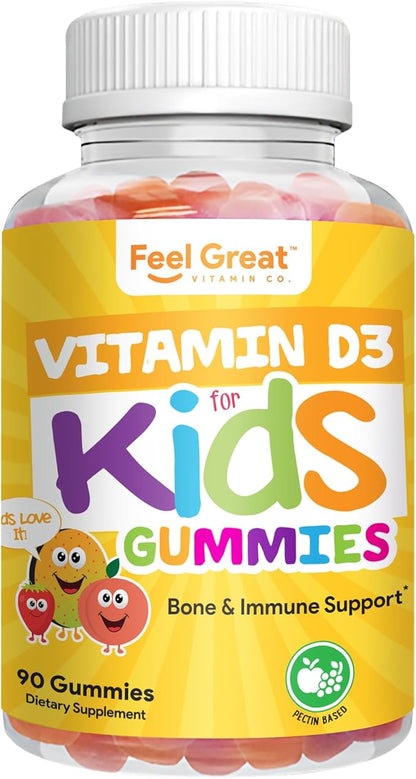 Feel Great Kids Vitamin D3 1000 IU Gummies | Kids Vitamin D Gummies for Healthy Bones, Mood, & Immune Support | Citrus Flavored Vegetarian D3 Gummies | 90 Day Supply