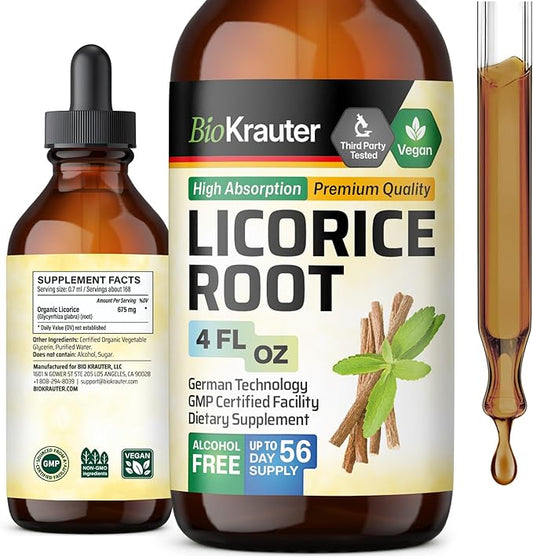 BIO KRAUTER Licorice Root Tincture - Licorice Root Extract for Digestive Support - Alcohol and Sugar Free - Vegan Drops 4 Fl.Oz.