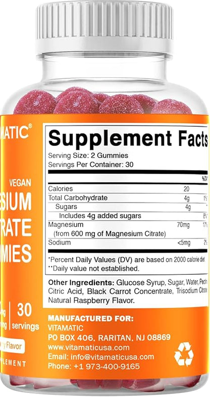Vitamatic Magnesium Gummies 600mg per Serving – 60 Vegan Gummies – Relaxation, Muscle, Bone & Energy Support – 3 Pack