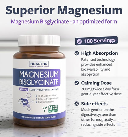 High Absorption Magnesium Bisglycinate Capsules - Clinically Validated Buffered and Chelated Magnesium Supplement - 1 Daily Vegan Capsule with Lab Verified Gentle Magnesium 200mg (6 Month Supply)
