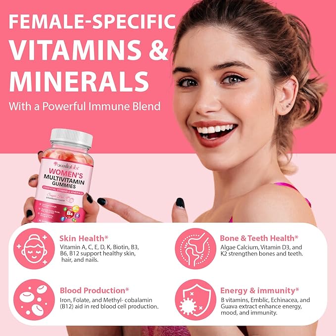 Multivitamin for Women, Womens Multivitamin Gummy 60p, Boosts Healthy Bones Hair Skin and Nails, Boosts Immunity Energy, Strawberry Flavor