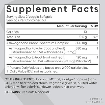 Sports Research® Ashwagandha Softgels with Coconut MCT Oil - Natural Ayurvedic Adaptogen Made with Shoden® Ashwa for Relaxation, Calm & Sleep Support - Gluten Free & Vegan Friendly - 120 Count