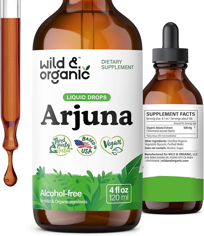 Wild & Organic Arjuna Bark Tincture - Overall Well-Being Supplement - Alcohol-Free Liquid Drops - Terminalia Arjuna Bark Extract - No Sugar & Additives, Non-GMO - 4 fl oz
