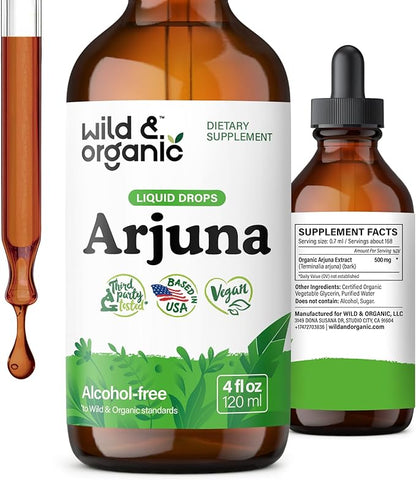 Wild & Organic Arjuna Bark Tincture - Overall Well-Being Supplement - Alcohol-Free Liquid Drops - Terminalia Arjuna Bark Extract - No Sugar & Additives, Non-GMO - 4 fl oz