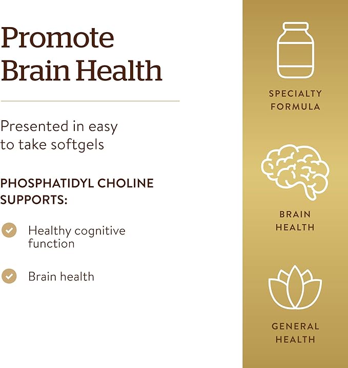 Solgar Phosphatidylcholine, 100 Softgels - Promote Healthy Cognitive Function - Derived From Lecithin - Contains Choline for Neurotransmitter Acetylcholine - Gluten Free, Dairy Free - 50 Servings
