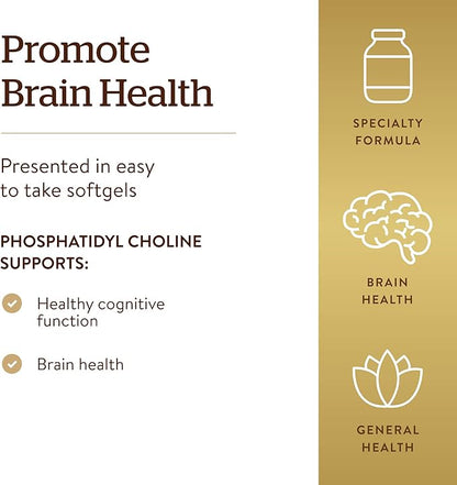 Solgar Phosphatidylcholine, 100 Softgels - Promote Healthy Cognitive Function - Derived From Lecithin - Contains Choline for Neurotransmitter Acetylcholine - Gluten Free, Dairy Free - 50 Servings