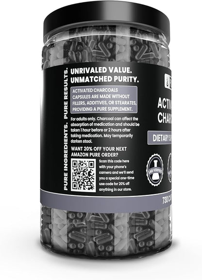 PURE ORIGINAL INGREDIENTS Activated Charcoal (730 Capsules) No Magnesium or Rice Fillers, Always Pure, Lab Verified
