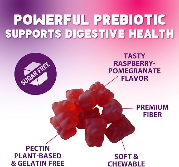 Fiber Supplement Gummies - Sugar-Free Daily Gummy for Adults Digestive Health & Regularity Support - 4g Prebiotic Plant Based Fiber Supplements Blend for Women & Men - Raspberry Flavor - 60 Gummies
