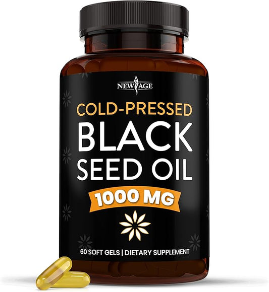NEW AGE Black Seed Oil Softgel Capsules - Premium Cold-Pressed Nigella Sativa Producing Pure Black Cumin Seed Oil - Non-GMO & Vegetarian (60 Softgels)