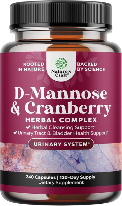 D Mannose with Cranberry Supplement - Potent D Mannose 1000mg Capsules for Kidney Defense Support & Cleanse and Urinary Tract Health for Women & Men - Bladder Health Supplement for Adults - 240 Count