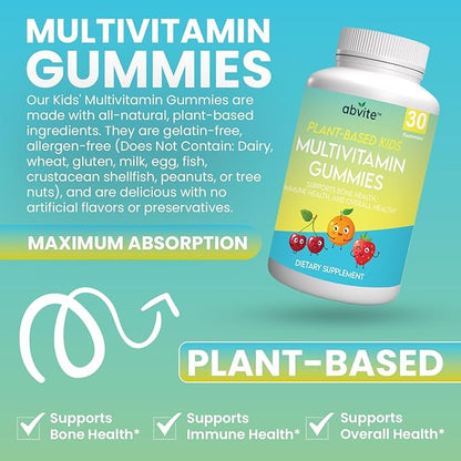 Kids Plant-Based Multivitamin Gummies, Daily multivitamins for Children with Vitamins A, C, D, E, B-3, B-6, B-12, Biotin, inositol, Non-GMO, Gluten Free, 30 Count (30 Days Supply)