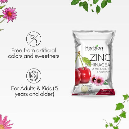 HERBION Naturals Zinc, Echinacea & Vitamin C Lozenges with Cherry Flavor, 25 CT - Dietary Supplement for Adults & Children 5+ - Promotes Wellness for The Whole Family - (Pack of 5) (125 Lozenges)