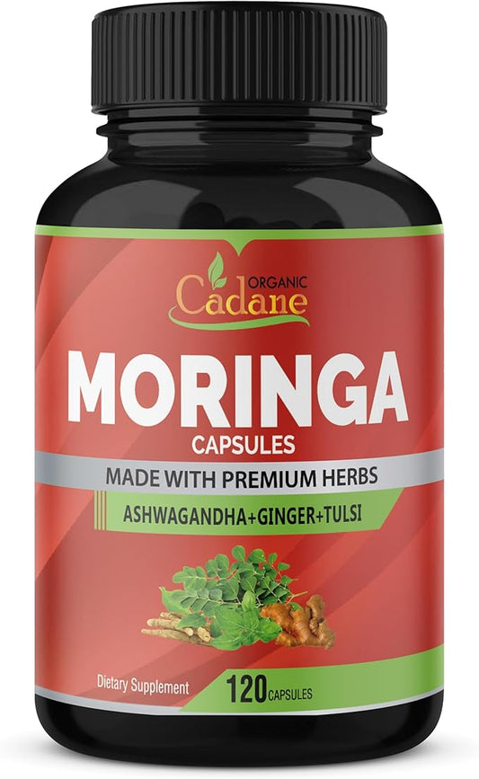 Organic Cadane Moringa Powder Capsules, 4in1 with Ashwagandha, Ginger, Holy Basil Tulsi - Immune Support - Oleifera Leaf Powder Herb Supplements, 120 Capsules