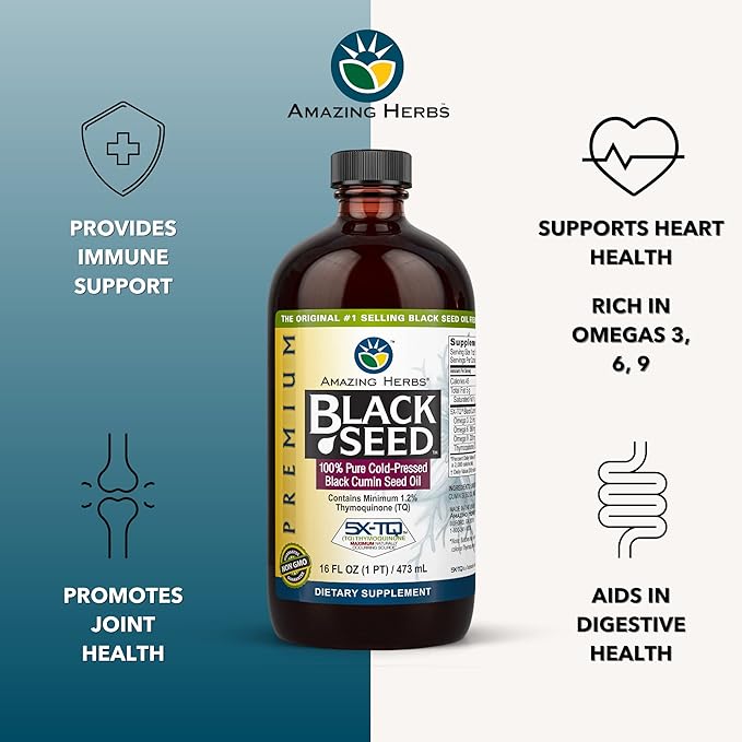 Amazing Herbs Premium Black Seed Oil - Gluten Free, Non GMO, Cold Pressed Nigella Sativa Aids in Digestive Health, Immune Support, Brain Function - 16 Fl Oz (Pack of 2)