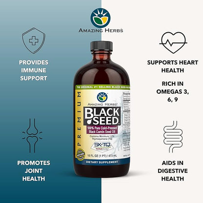 Amazing Herbs Premium Black Seed Oil - Gluten Free, Non GMO, Cold Pressed Nigella Sativa Aids in Digestive Health, Immune Support, Brain Function - 16 Fl Oz (Pack of 2)