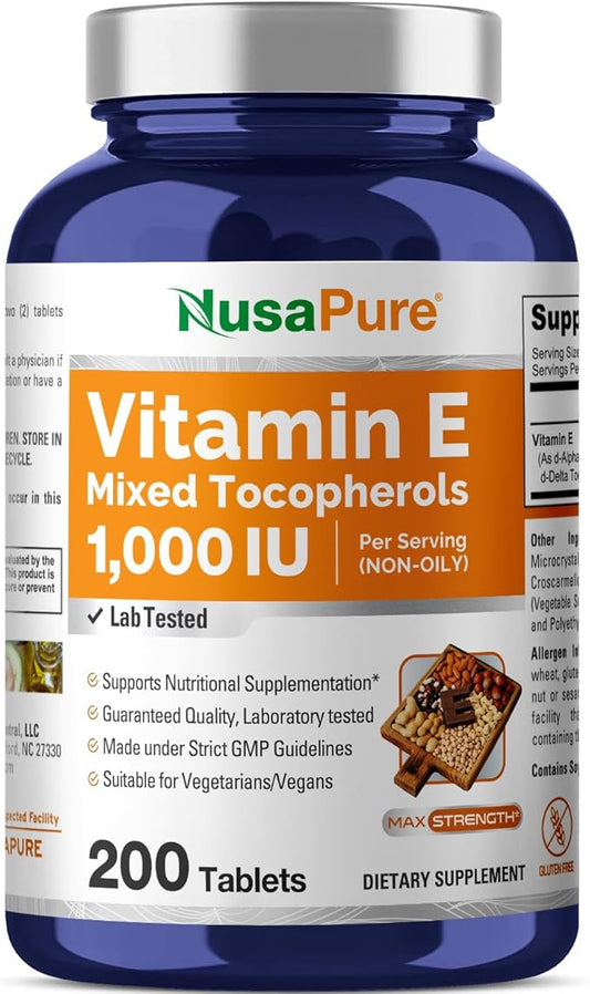 NusaPure Vitamin E 1000 IU 200 Tablets (Non-GMO, Gluten-Free) - Mixed Tocopherols