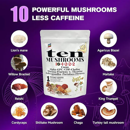 SUNDAFONE 17-in-1 Mushroom Coffee Powder with L-Theanine，Alpha-GPC，Ashwagandha for Boost Brainpower,Sharpen Focus,Lift Mood,Ease Stress,Support Heart & Immunity, 60 Servings Instant 10 Mushroom Coffee
