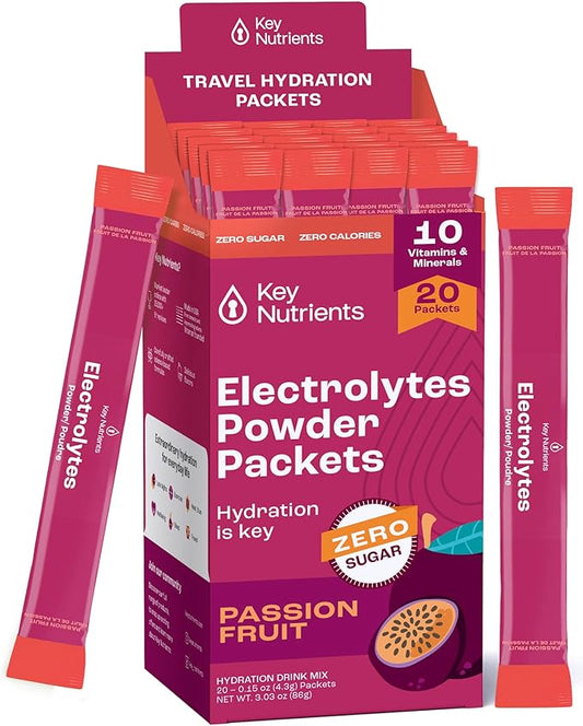 KEY NUTRIENTS Multivitamin Electrolytes Powder Packets - Delicious Passion Fruit 20 Pack Hydration Packets - Travel Hydration Powder - No Sugar, No Calories, Gluten Free - Made in USA