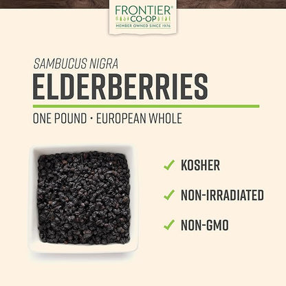 Frontier Co-op Dried Elderberries, 1lb Bulk Bag, European Whole | Kosher & Non-GMO Elderberry Dried Fruit for Elderberry Powder, Tea, Immune Support
