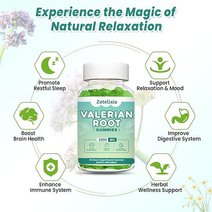 2 Pack Organic Valerian Root Gummies, Natural Calm to Help Relaxation, Herbal Supplement for Mood Support, Melatonin Free, Non-GMO, Gluten Free, Vegan, Green Grape Flavor, 120 Count