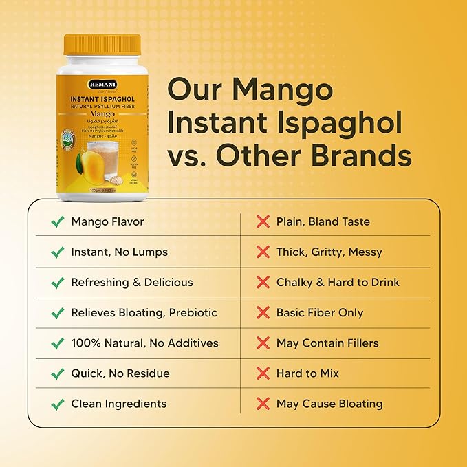 Hemani Instant Psyllium Husk Ispaghol 100g | Mango Flavored On-The-Go Fiber Supplement | Supports Digestive Health | Add to Water for a Refreshing Drink