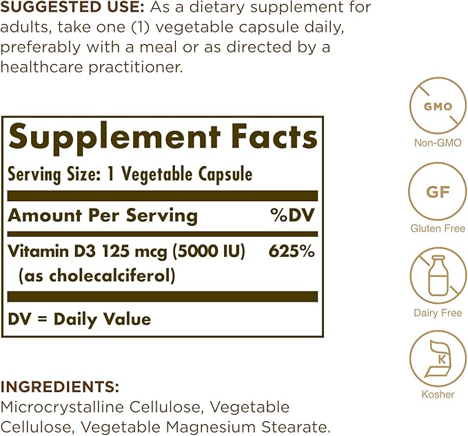 SOLGAR Vitamin D3 (Cholecalciferol) 125 mcg (5000 IU) - 120 Vegetable Capsules - Non-GMO, Gluten Free, Dairy Free, Kosher - 120 Servings