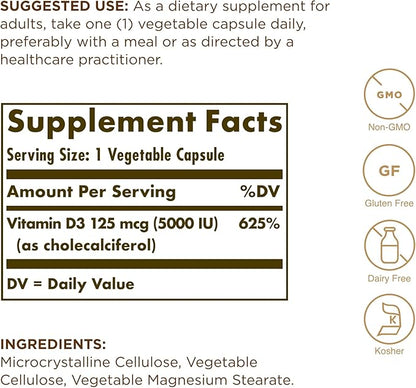 SOLGAR Vitamin D3 (Cholecalciferol) 125 mcg (5000 IU) - 120 Vegetable Capsules - Non-GMO, Gluten Free, Dairy Free, Kosher - 120 Servings