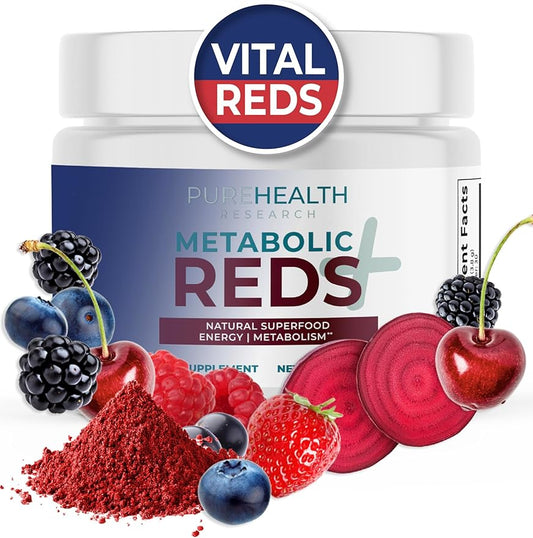 PUREHEALTH RESEARCH Reds Superfoods Powder - Only 10 Calories Fruit and Vegetable Adaptogen Drink with Beetroot, Polyphenols, Probiotic Powder - Antioxidants Supplement for Energy, 30 Servings